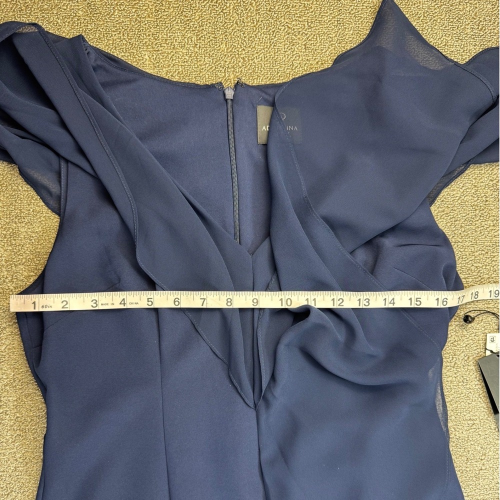 Adrianna Papell Dress 10 Navy Blue Crepe Chiffon Gown Ruffle V-Neck Maxi - Picture 6 of 15